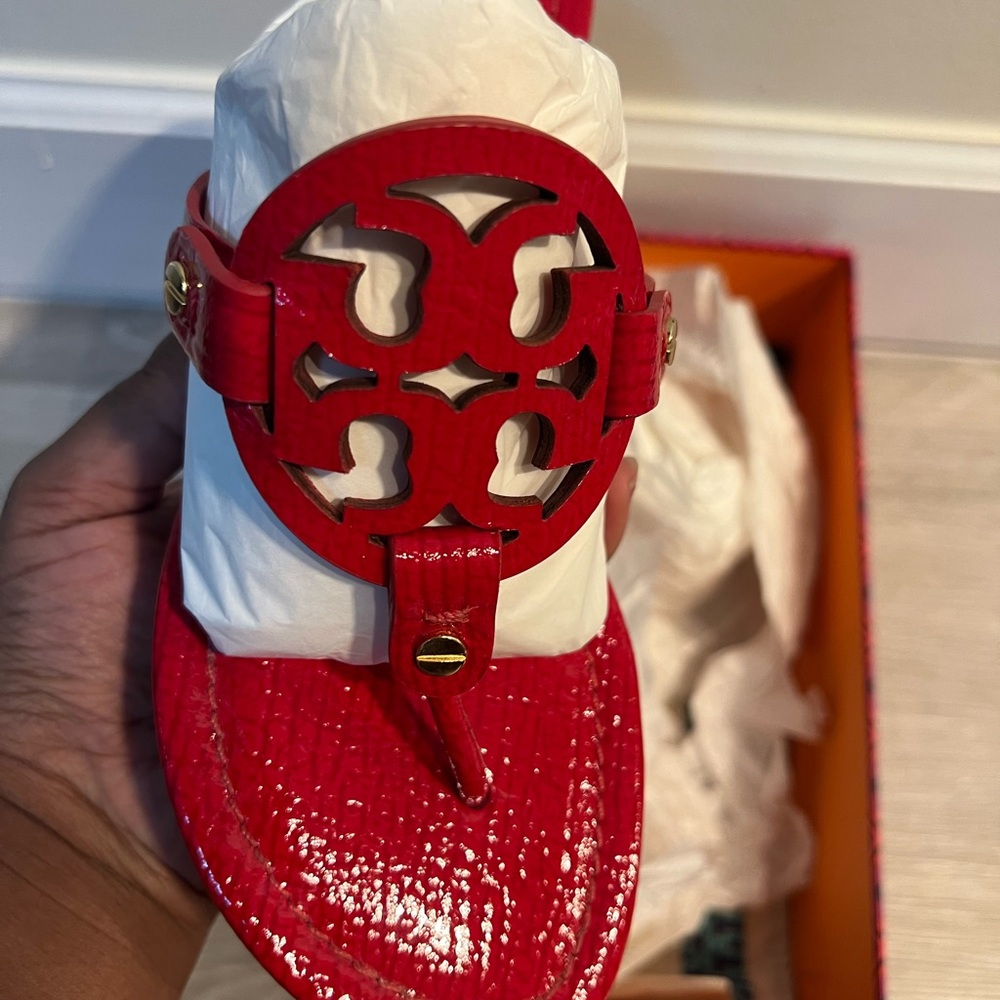 Tory Burch Red Patent Logo Thong Sandal with Gold Accents